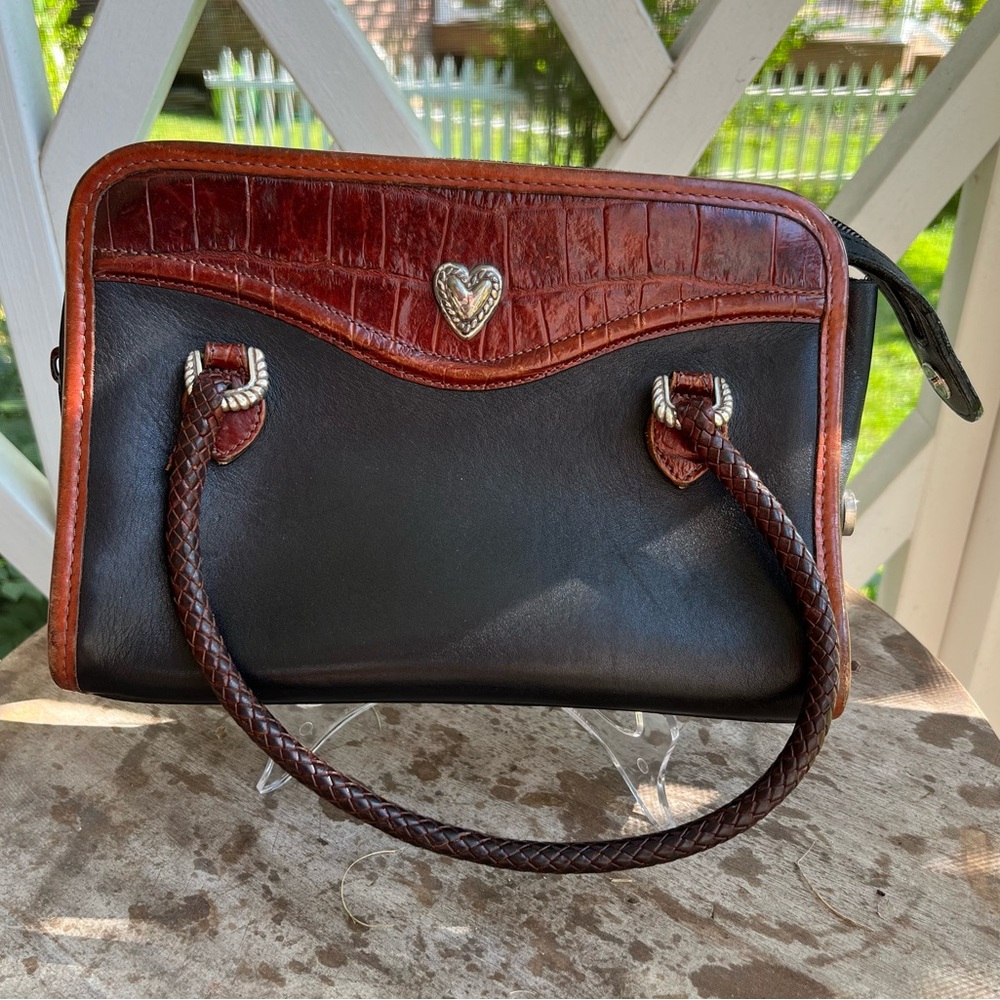 Brighton 9” x 7” x 3.5” Black and Brown Leather Bag With Braided Handles